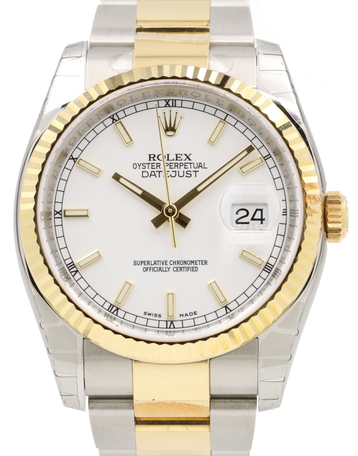 Rolex Datejust 36 116233-WHTSFO White Index Fluted Yellow Gold Stainless Steel Oyster - BRAND NEW