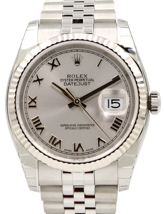 Rolex Datejust 36 116234-SLVRFJ Silver Roman Fluted White Gold Stainless Steel Jubilee - BRAND NEW