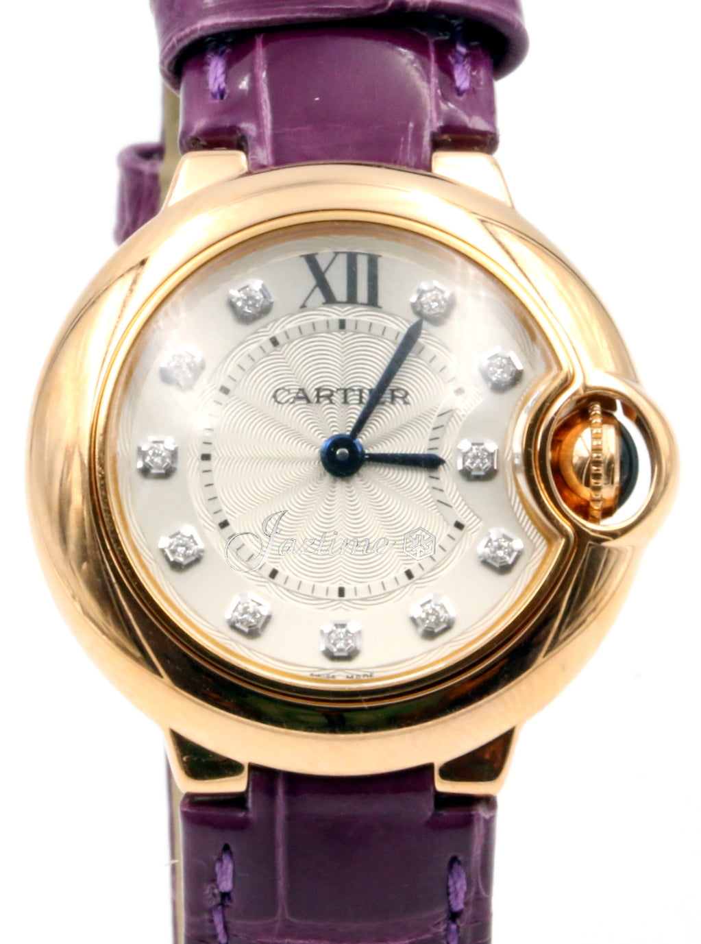 Cartier Ballon Bleu De Cartier WJBB0019 Ladies 28mm Rose Gold Silver Diamond Quartz Purple Leather BRAND NEW