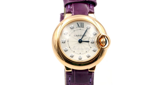 Cartier Ballon Bleu De Cartier WJBB0019 Ladies 28mm Rose Gold Silver Diamond Quartz Purple Leather BRAND NEW
