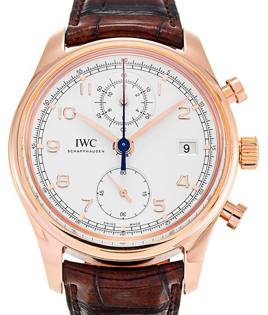 IWC Schaffhausen IW390402 Portugieser Chronograph Classic Silver Plated Arabic Red Gold Brown Leather 42mm Automatic