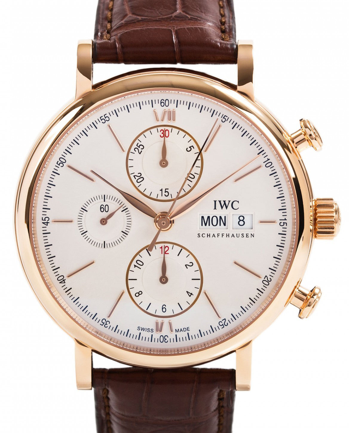 IWC Schaffhausen IW391020 Portofino Chronograph Silver Plated Index Rose Gold Brown Leather 42mm Automatic