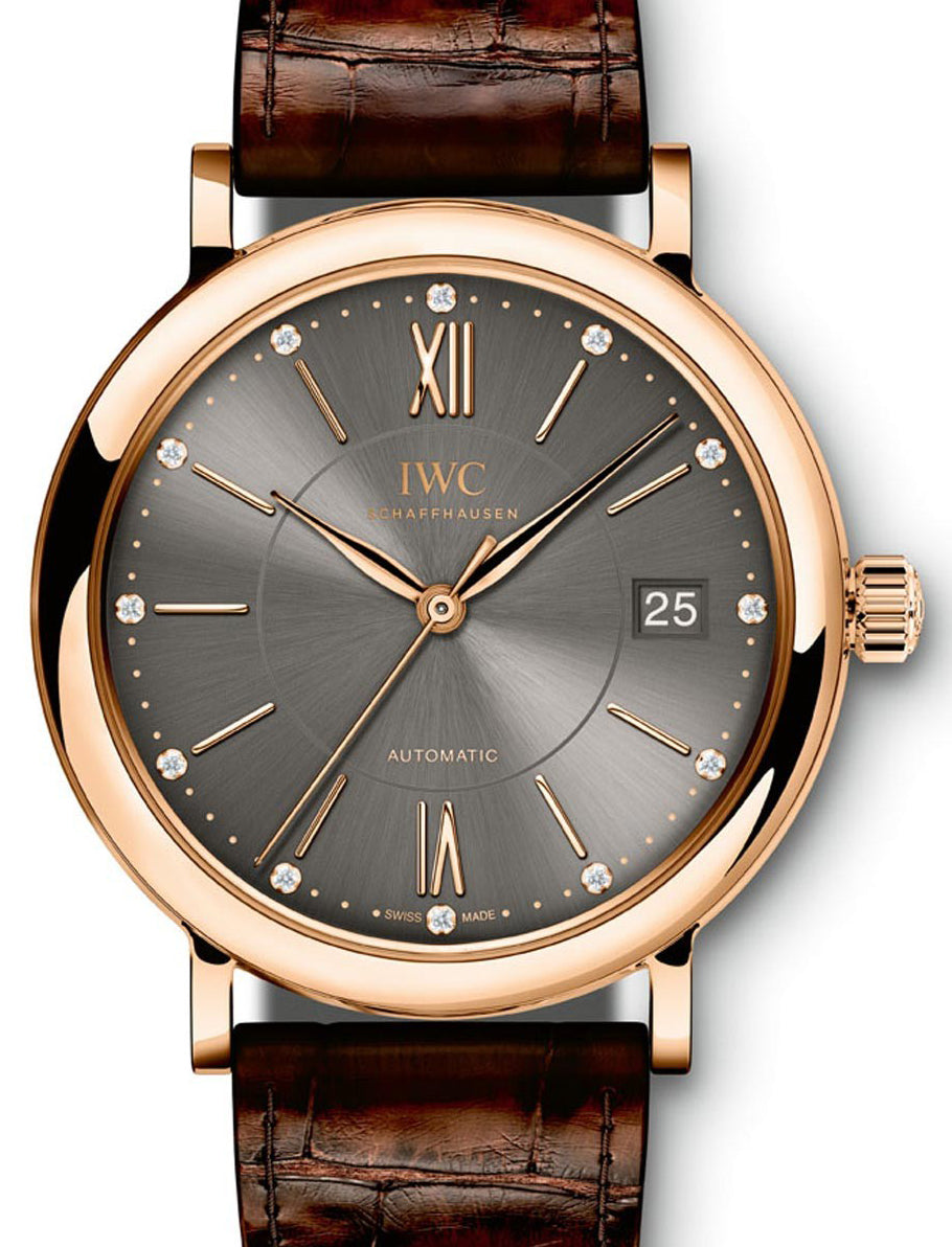 IWC Schaffhausen IW458106 Portofino Automatic 37 Ardoise Diamond Red Gold Brown Leather 37mm Automatic