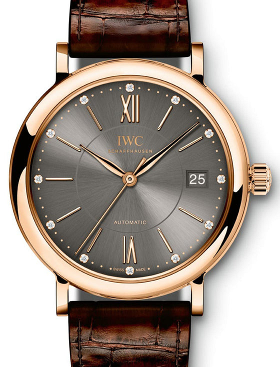 IWC Schaffhausen IW458106 Portofino Automatic 37 Ardoise Diamond Red Gold Brown Leather 37mm Automatic