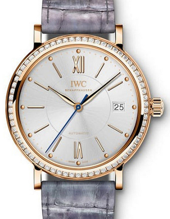 IWC Schaffhausen IW458107 Portofino Automatic 37 Silver Plated Diamond Red Gold Set with Diamonds Lilac Leather 37mm Automatic