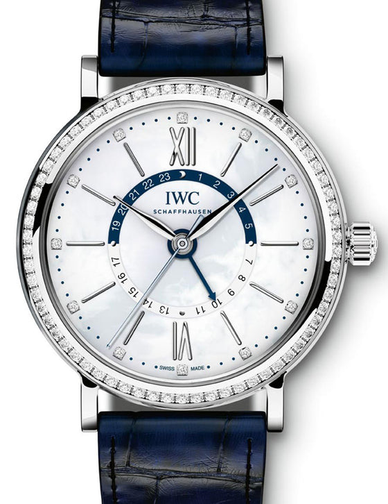 IWC Schaffhausen IW459101 Portofino Automatic Day & Night 37 White Mother of Pearl Diamond Stainless Steel Set with Diamonds Blue Leather 37mm Automatic