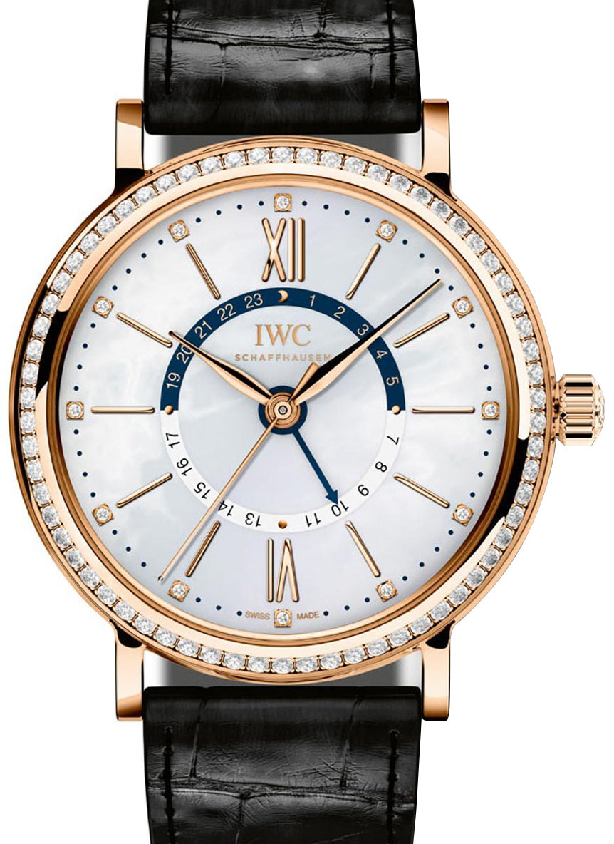 IWC Schaffhausen IW459102 Portofino Automatic Day &amp;amp; Night 37 White Mother of Pearl Diamond Red Gold Set with Diamonds Black Leather 37mm Automatic
