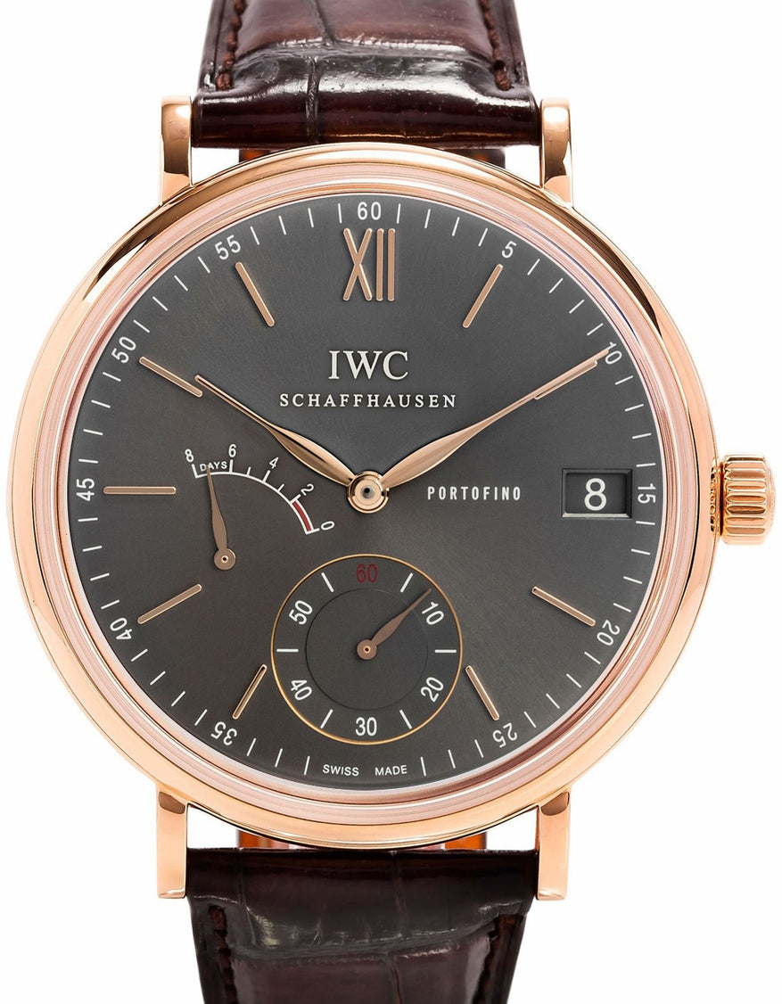 IWC Schaffhausen IW510104 Portofino Hand-Wound Eight Days Ardoise Index Red Gold Brown Leather 45mm Manual