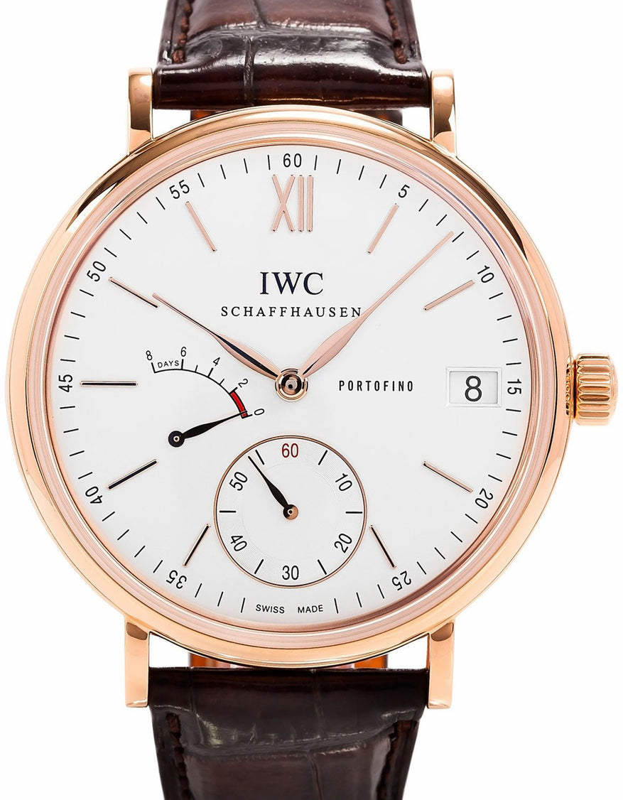 IWC Schaffhausen IW510107 Portofino Hand-Wound Eight Days Silver Plated Index Red Gold Brown Leather 45mm Manual
