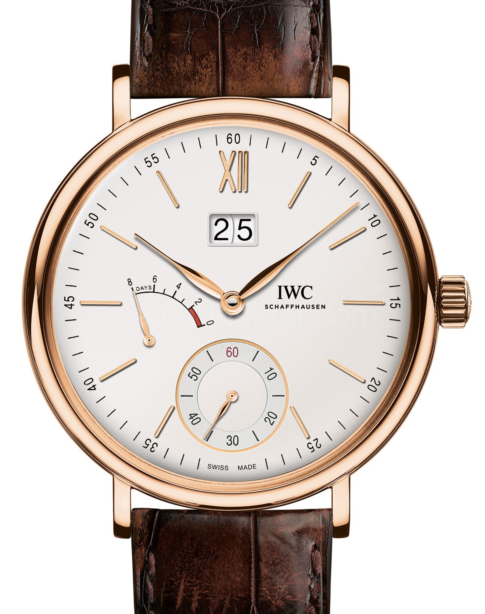 IWC Schaffhausen IW516102 Portofino Hand-Wound Big Date Silver Plated Index Red Gold Brown Leather 45mm Manual