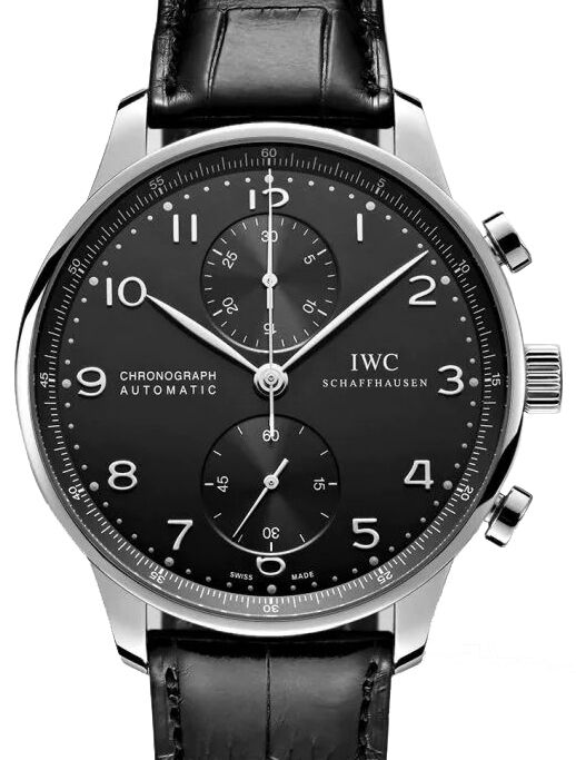 IWC Portugieser Chronograph Stainless Steel Black Dial & Steel Bezel Leather Strap IW371447