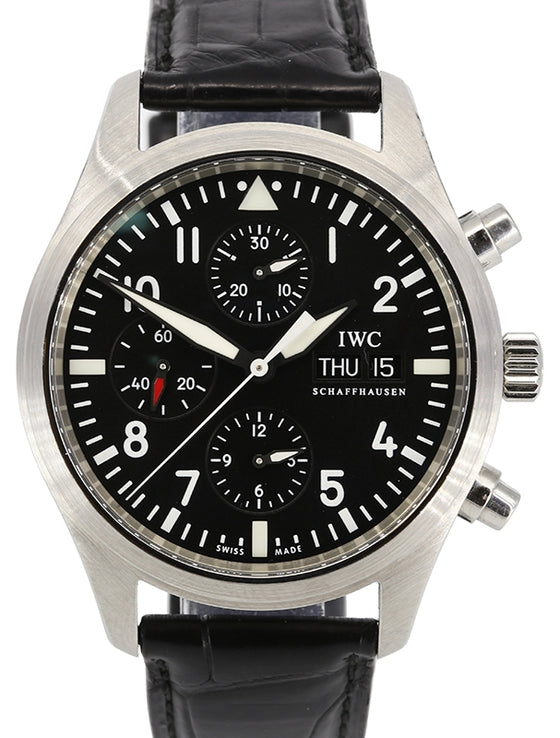 IWC Pilot's Watch Chronograph Black Dial Stainless Steel Bezel Leather Strap IW371701 - PRE-OWNED