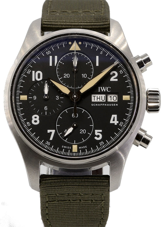 IWC Pilot's Watch Chronograph Spitfire Black Dial Stainless Steel Bezel Leather Strap IW387901 PRE-OWNED