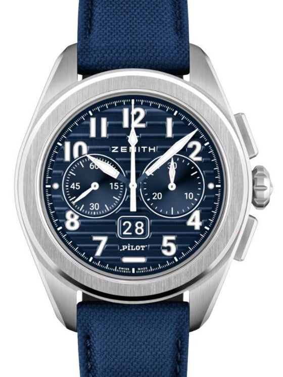 Zenith Pilot Big Date Flyback Steel 42.5mm Blue Dial Leather Strap 03.4000.3652/51.I003