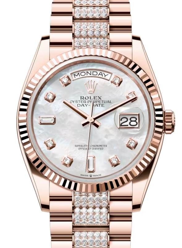 Rolex Day-Date 36 President Rose Gold White Mother of Pearl Dial Fluted Bezel Diamond Bracelet 128235