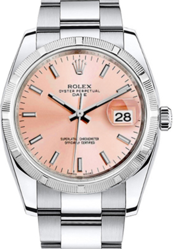 Rolex Oyster Perpetual Date 34 Stainless Steel Pink Index Dial & Engine-Turned Bezel Oyster Bracelet 115210