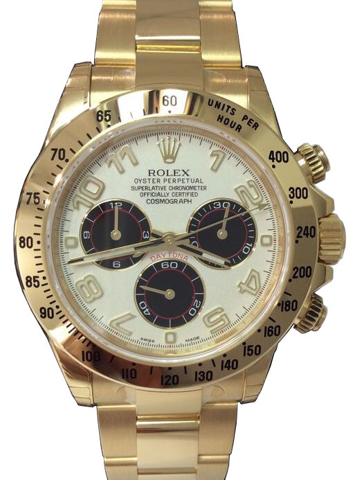 Rolex Daytona Yellow Gold White Arabic Black Subdials 116528