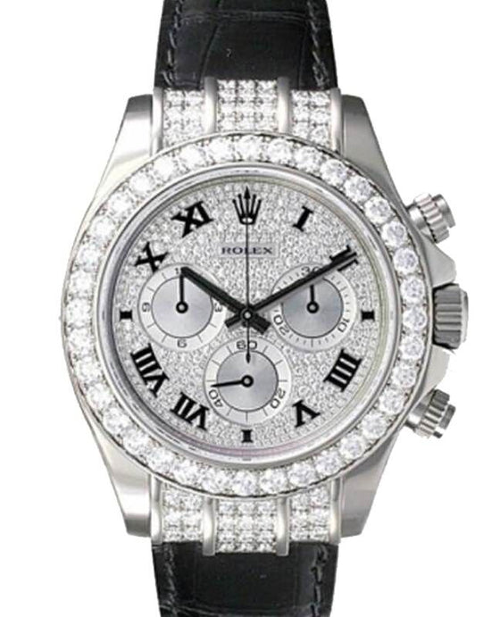 Rolex Daytona White Gold Diamond Paved Dial & Bezel Leather Strap 116599RBR