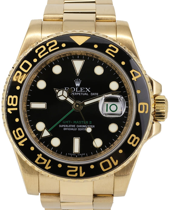 Rolex GMT-Master II Yellow Gold Black Dial Oyster Bracelet 116718LN