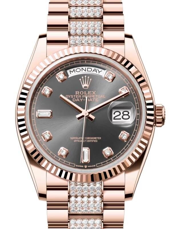 Rolex Day-Date 36 President Rose Gold Slate Dial Fluted Bezel Diamond Bracelet 128235