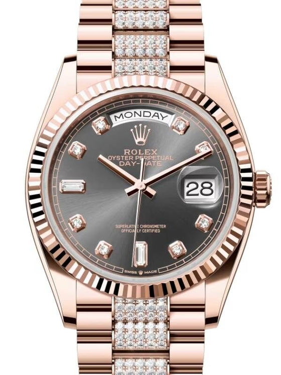 Rolex Day-Date 36 President Rose Gold Slate Dial Fluted Bezel Diamond Bracelet 128235