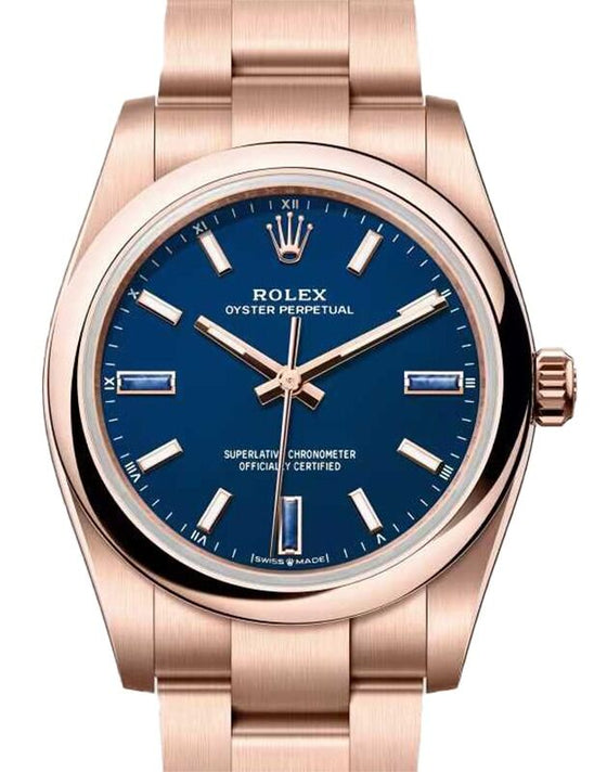 Rolex Oyster Perpetual 34 Rose Gold Blue Stone Dial 124205