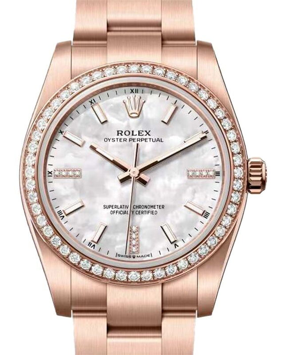 Rolex Oyster Perpetual 34 Rose Gold White Mother of Pearl Diamond Dial & Bezel 124245RBR