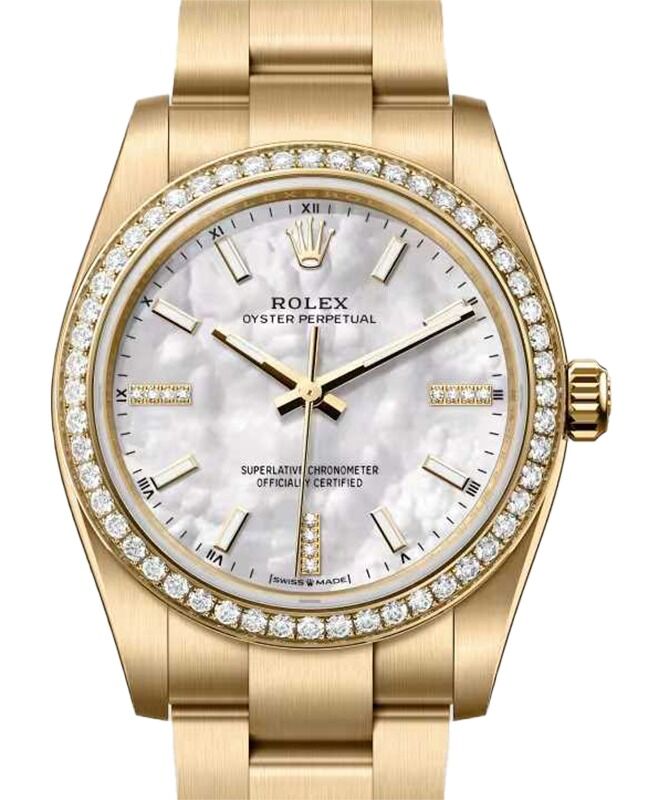 Rolex Oyster Perpetual 34 Yellow Gold White Mother of Pearl Diamond Dial & Bezel 124248RBR