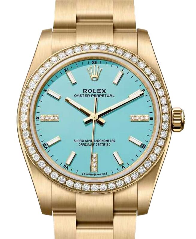 Rolex Oyster Perpetual 34 Yellow Gold Turquoise Blue Diamond Dial & Bezel 124248RBR