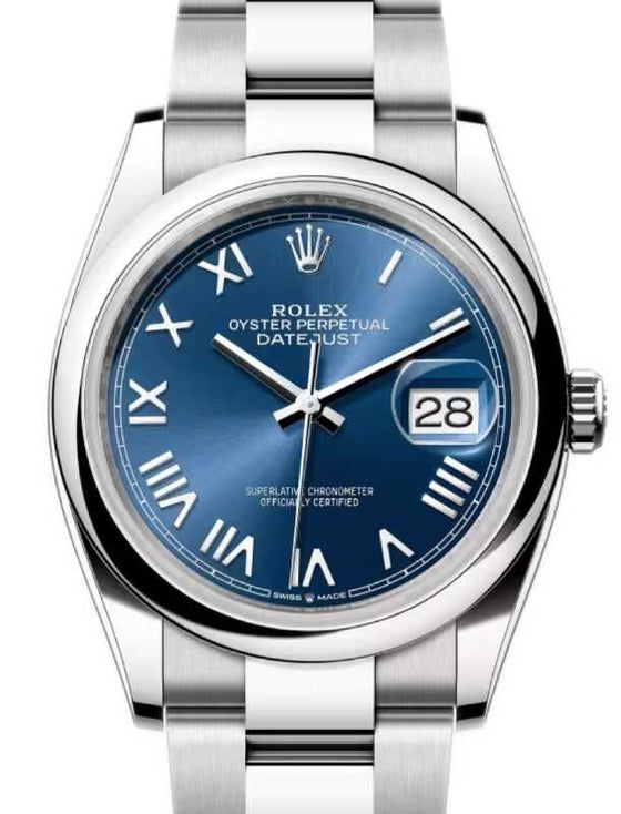 Rolex Datejust 36 Steel Bright Blue Roman Dial & Smooth Domed Bezel Oyster Bracelet 126200