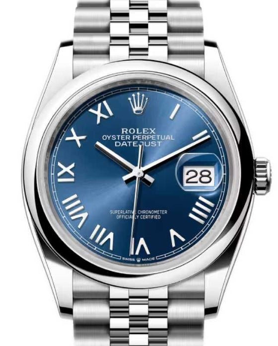 Rolex Datejust 36 Steel Bright Blue Roman Dial & Smooth Domed Bezel Jubilee Bracelet 126200