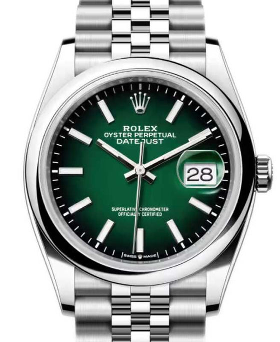 Rolex Datejust 36 Steel Green Ombre Index Dial & Smooth Domed Bezel Jubilee Bracelet 126200