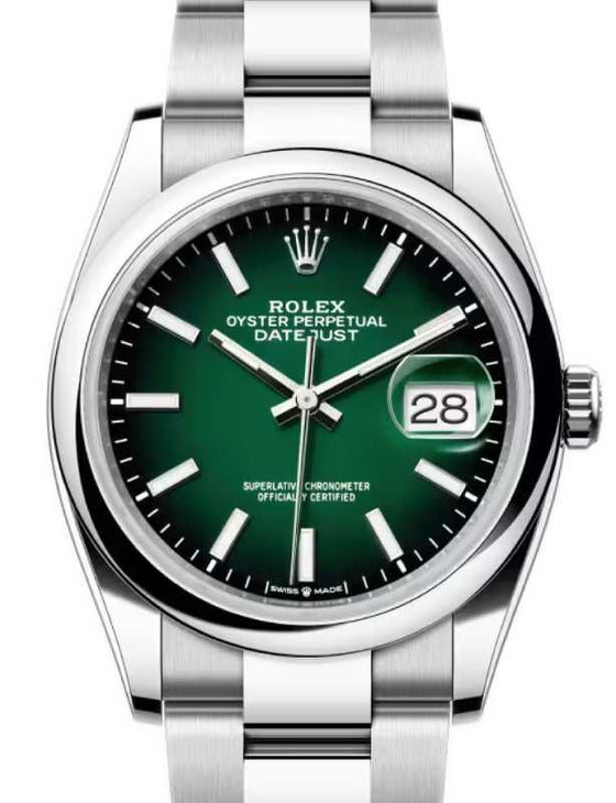 Rolex Datejust 36 Steel Green Ombre Index Dial & Smooth Domed Bezel Oyster Bracelet 126200