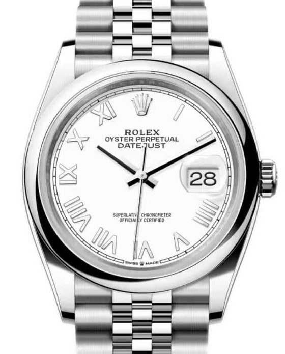 Rolex Datejust 36 Steel New White Roman Dial & Smooth Domed Bezel Jubilee Bracelet 126200