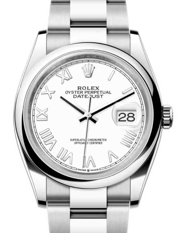 Rolex Datejust 36 Steel New White Roman Dial & Smooth Domed Bezel Oyster Bracelet 126200