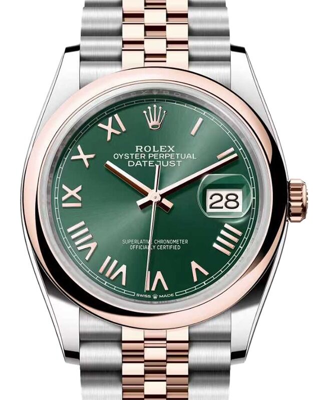 Rolex Datejust 36 Rose Gold/Steel Mint Green Roman Dial & Domed Bezel Jubilee Bracelet 126201