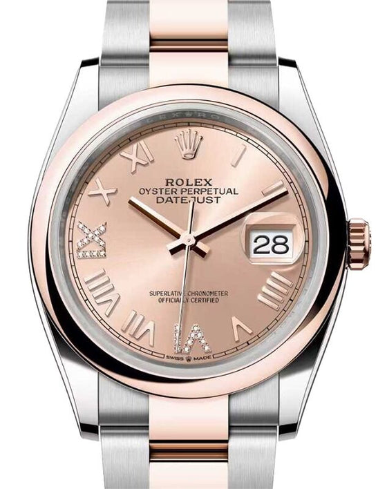 Rolex Datejust 36 Rose Gold/Steel New Rose Roman VIIX Diamond Dial & Domed Bezel Oyster Bracelet 126201