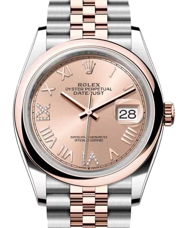 Rolex Datejust 36 Rose Gold/Steel New Rose Roman VIIX Diamond Dial & Domed Bezel Jubilee Bracelet 126201