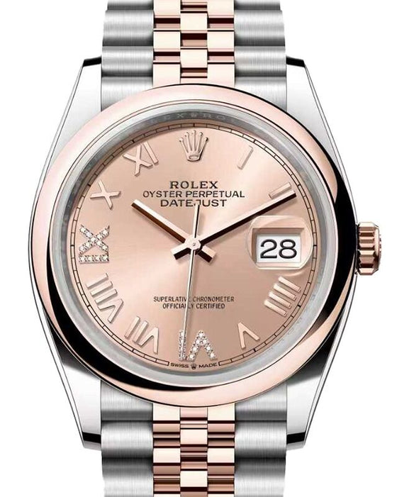 Rolex Datejust 36 Rose Gold/Steel New Rose Roman VIIX Diamond Dial & Domed Bezel Jubilee Bracelet 126201