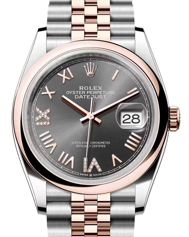 Rolex Datejust 36 Rose Gold/Steel New Slate Roman VIIX Diamond Dial & Domed Bezel Jubilee Bracelet 126201