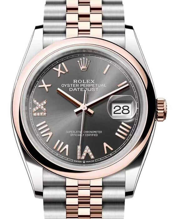 Rolex Datejust 36 Rose Gold/Steel New Slate Roman VIIX Diamond Dial & Domed Bezel Jubilee Bracelet 126201