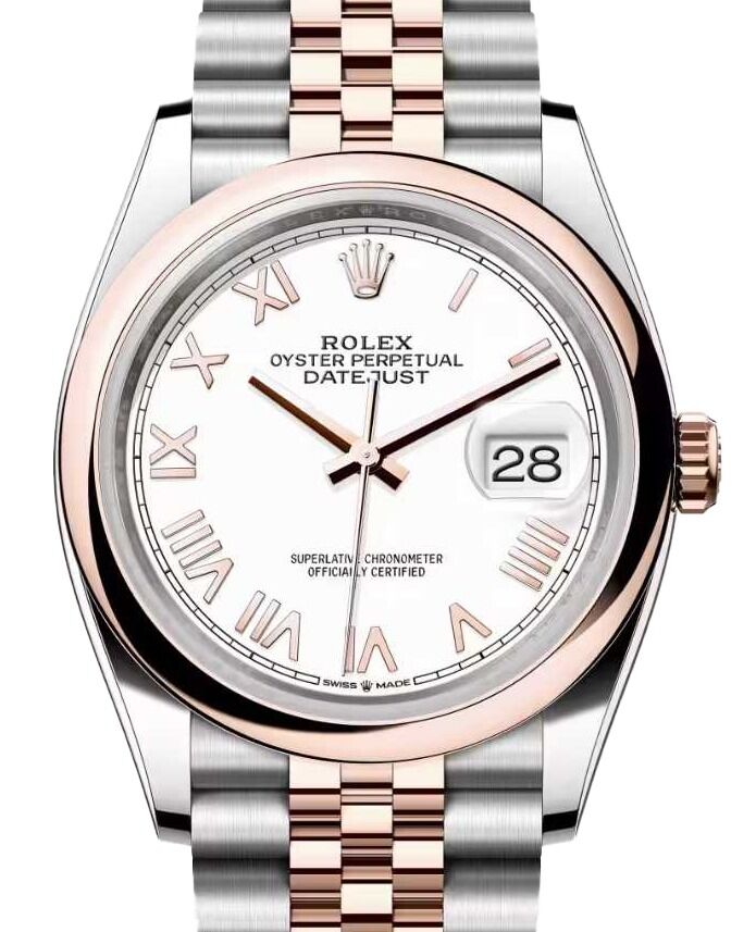 Rolex Datejust 36 Rose Gold/Steel New White Roman Dial & Domed Bezel Jubilee Bracelet 126201