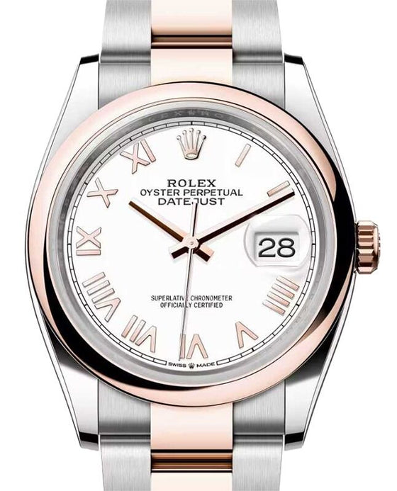 Rolex Datejust 36 Rose Gold/Steel New White Roman Dial & Domed Bezel Oyster Bracelet 126201