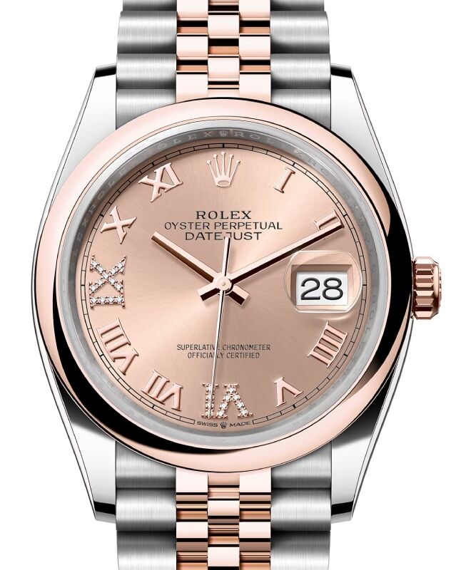Rolex Datejust 36 Rose Gold/Steel Rose Roman Diamond VI Dial & Domed Bezel Jubilee Bracelet 126201
