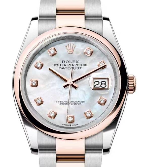 Rolex Datejust 36 Rose Gold/Steel White Mother of Pearl Diamond Dial & Domed Bezel Oyster Bracelet 126201
