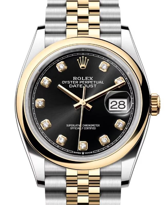 Rolex Datejust 36 Yellow Gold/Steel Bright Black Diamond Dial & Smooth Domed Bezel Jubilee Bracelet 126203