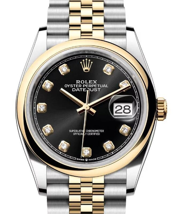 Rolex Datejust 36 Yellow Gold/Steel Bright Black Diamond Dial & Smooth Domed Bezel Jubilee Bracelet 126203