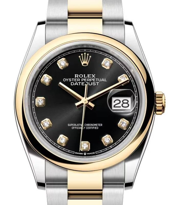 Rolex Datejust 36 Yellow Gold/Steel Bright Black Diamond Dial & Smooth Domed Bezel Oyster Bracelet 126203