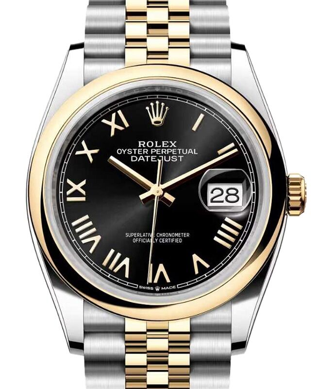 Rolex Datejust 36 Yellow Gold/Steel Bright Black Roman Dial & Smooth Domed Bezel Jubilee Bracelet 126203