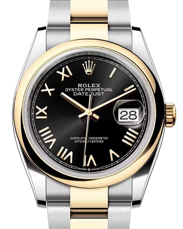 Rolex Datejust 36 Yellow Gold/Steel Bright Black Roman Dial & Smooth Domed Bezel Oyster Bracelet 126203